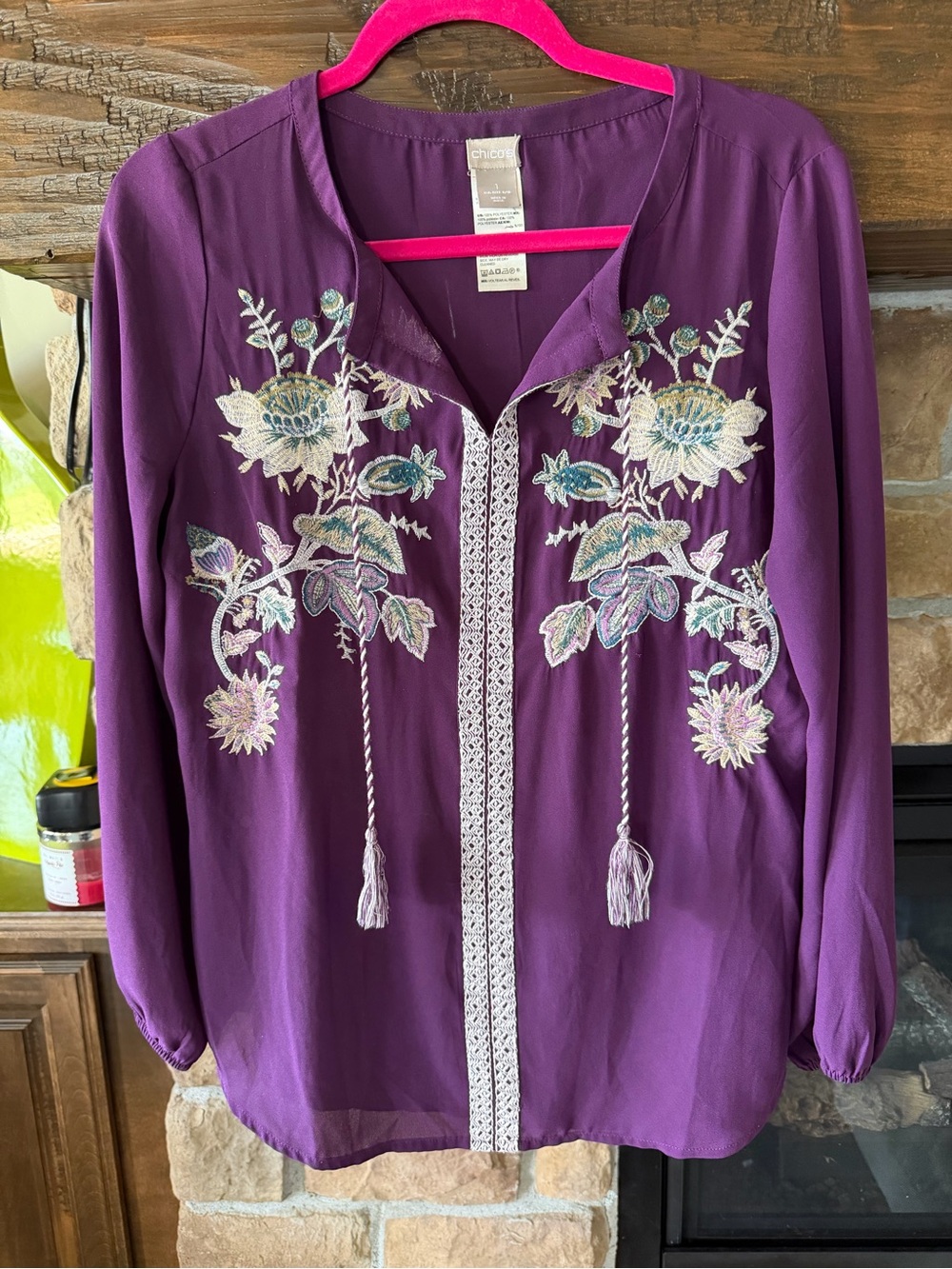 Chico's Purple Embroidered V-Neck Tassel Blouse